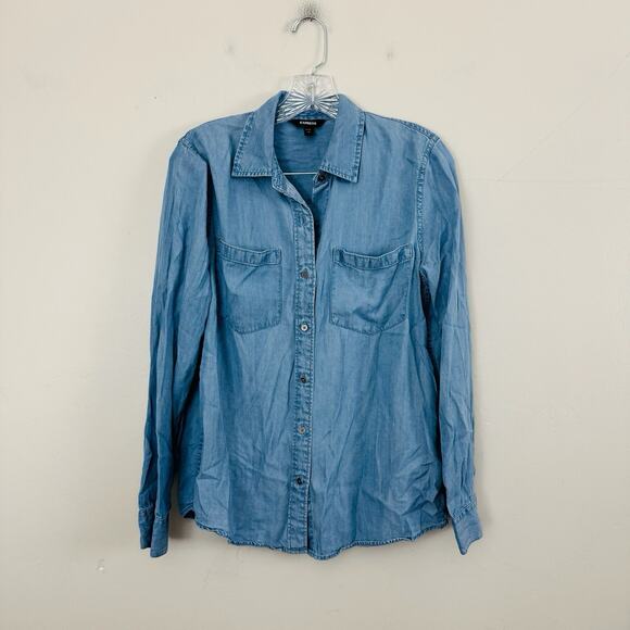 Express Blue Denim Long Sleeve Button Up Shirt Women’s Size M - Picture 1 of 7
